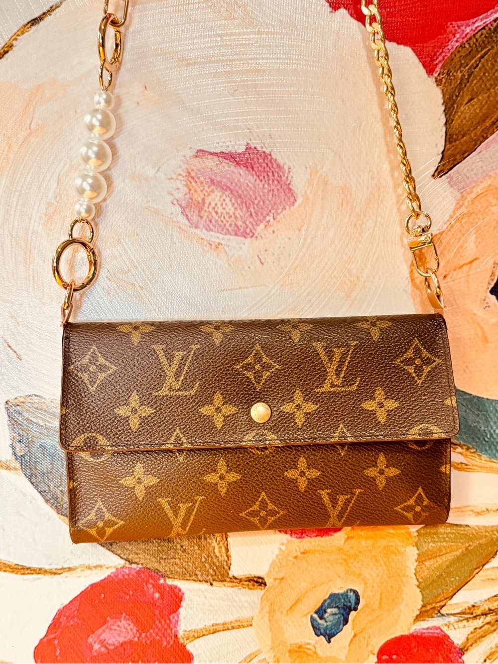 Louis Vuitton Brown Monogram Wallet Crossbody with Pearl Charm and Gold Chain - Picture 4 of 14